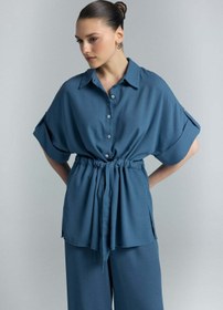 Resim Sateen Beli Bağlamalı Kimono Gömlek - İndigo 