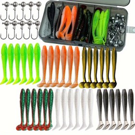 Resim 46 Adet Çift Renkli T-Kuyruk Yumuşak Yem Balıkçılık Yem Seti, 3.5g Kurşun Başlı Kanca - PVC Malzeme, Geliştirilmiş Balıkçılık Deneyimi için Çok Renkli Assorti 