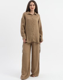 Resim VELİZADE Konfor Modeli Oversize Vizon Yanı Büzgülü Viskon Kumaş Boyfriend Gömlek Uzun Tesettür Gömlek 