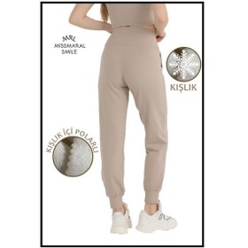 Resim Kadın Taş Rengi Polarlı Kışlık Eşofman Altı Jogger Yüksek Bel Şardonlu Dalgıç 1062 Taş Rengi / Bej 
