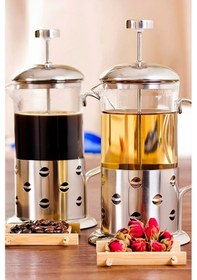Resim French Press Bitki Çayı Demliği 600 ml Çelik Dekor Gövdeli Kulplu Ölçü Kabı Cam French Press Kahve Metal 