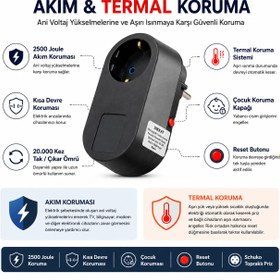 Resim Akım ve Termal Korumalı Tekli Priz 2500 Joule - Reset Butonlu Schuko Koruma Prizi | Buzdolabı, Çamaşır Makinesi ve Kombi İçin 