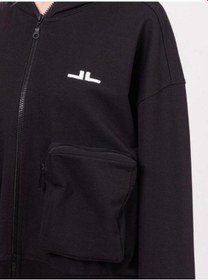 Resim Kız Çocuk Pamuklu Fermuarlı Kapüşonlu Büyük Cepli Sweatshirt-13790 Siyah 