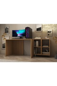 Resim Ergonomik Oyuncu ve Çalışma Masası - 4 Bölmeli Raflı Meşe Ofis ve Bilgisayar Masası NRG-OYNM-1003 