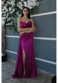 Resim Feminist Violet Straplez Drape Detaylı Yırtmaçlı Saten Kumaş Abiye Elbise 1607209.273 Violet 