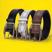 Resim Kadınlar için Vintage Amerikan Retro Baskılı Kemer - Ayarlanabilir Suni Deri ile Metal Toka, Siyah ve Beyaz Desen, Elbise, Kot ve Günlük Giyim için Uygun, Günlük Kemer | Vintage Tarzı Kemer | Alaşım Toka Kemer 
