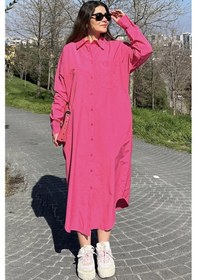 Resim WeShaya Kadın Fuşya Uzun Kol, Eteği Oval Kesim, Uzun Ve Salaş, Poplin Gömlek Elbise Fuşya 