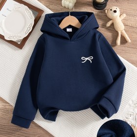 Resim Kızlar İçin Sonbahar ve Kışlık Casual Moda Baskılı Fiyonk Desenli Uzun Kollu Kapüşonlu Polar Sweatshirt 