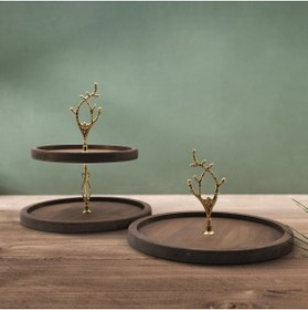 Resim Rabo Craft 2 Katlı Ve Tek katlıYuvarlak Kulp Desenli Kulp Ahşap Kek Pasta Sunumluk Standı, Servis Sunum Tabağı, 