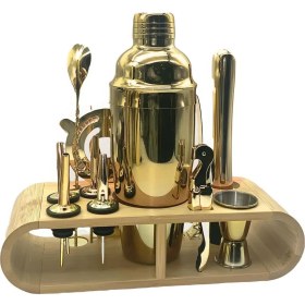 Resim Ahşap Standlı 12 Parça Çelik 750 ml Shaker Bar Tokmağı Jigger Seti Barmen Seti 