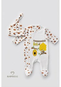 Resim Babyden's Anneannesinin Balı Yazılı Yenidoğan Bebek Tulum Şapka Set Arı Desenli Unisex Çıtçıtlı Bebek Tulum Ekru - Sarı 