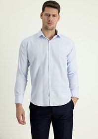 Resim Uçuk Mavi Uzun Kol Slim Fit Dar Kesim Klasik Desenli Pamuklu Kolay Ütülenebilir Gömlek 