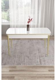 Resim Canisa Nira Serisi 70x114 Mdf Açılabilir Beyaz Mutfak Masa Takımı 4 Antrasit Sandalye Gold Detay Beyaz Masa Sandalye Antrasit Ayaklar Gold 