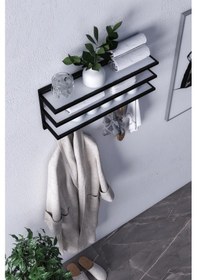 Resim Sofya 2 Katlı Beyaz Raflı Askılık, Portmanto 63 Cm - 6 Askı Siyah 