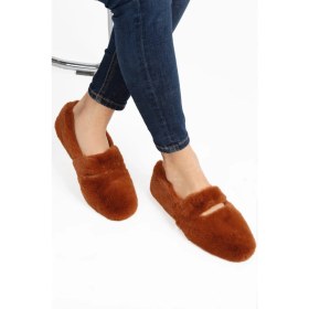 Resim Renkli Butik Kahve Ultra Yumuşak Peluş Kadın Ev Babeti Hafif Taban Panduf 