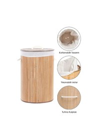 Resim Naturel Yuvarlak Kirli Çamaşır Sepeti - Bambu Katlanabilir Çamaşır Sepeti Sele 35x50 Cm 60 Lt Bej Bej 