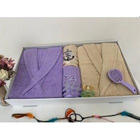 Resim Çeyizlik Aile Bornoz Seti 4 Parça Lila - Bej Çok Renkli 