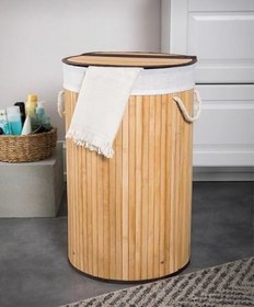 Resim Orret Home Doğal Bambu Katlanabilir Kirli Çamaşır Sepeti, Yıkanabilir Çıkarılabilir Astar Torbalı, Sele Görünümlü Şık ve Dayanıklı Çamaşır Sepeti, Kapaklı ve Ergonomik Tasarım (Yuvarlak) 