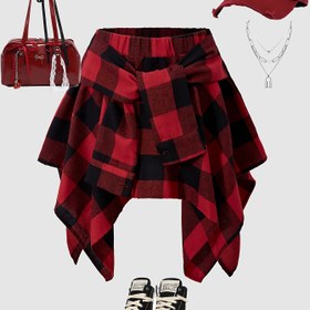 Resim Kızlar için Kırmızı & Siyah Ekose A Kesim Etek - Şık Kare Desenli, Tüm Mevsimler İçin Esnek Olmayan Kumaş, Okul ve Özel Günler İçin Kolay Bakım El Yıkama/Kuru Temizleme (Gündelik'ten Yarı Resmi Giyimlere), Dayanıklı Malzeme, Moda 
