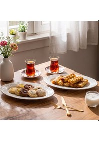 Resim Porsima 4446 Tiffany Porselen Platin Fileli Kayık Tabak Seti - Oval Kahvaltılık Sunumluk Seti 30cm Beyaz 