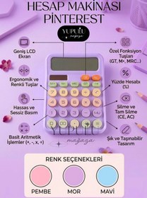 Resim YUPULU Pinterest Hesap Makinesi Mor Lcd Geniş Ekran, Güneş Enerjili ve Pilli Hesap Makinesi 12 Hazneli 