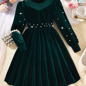 Resim Kızlar için File Yaka, Uzun Kollu Karanlık Yeşil Günlük Tarz ve Belde İnci Detaylı Tek Parça Noel Temalı Elbise 