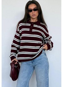 Resim Madmext Bordo Polo Yaka Çizgili Kadın Triko Kazak Mg2469 Bordo 