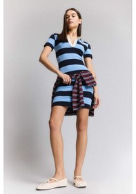 Resim DeFacto Bodycon Vücudu Saran Polo Yaka Çizgili Ribana Kısa Kollu Mini Elbise E5701AX25SPNV251 