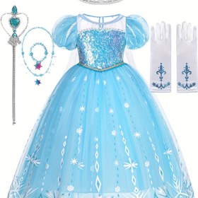 Resim Kızlar İçin Yuvarlak Yaka Puf Kollu Prenses Elbise, Payetli Pelerinli Doğum Günü, Cadılar Bayramı, Noel, Karnaval, Parti Kıyafeti, Taç, Sihirli Değnek, Kolye, Bileklik, Eldiven 6 Parça Set, Bayramlık Giyim,Noel Kostümü,Masal Tarzı,Şık Tasarım,Katmanlı Fırfırlar,Hafif Kumaş,Temalı Kıyafet 