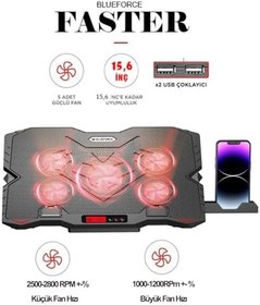 Resim Blueforce Sx-25 Faster 9-15,6" 5 Fanlı Notebook Soğutucu Stand Telefon Standlı Siyah 