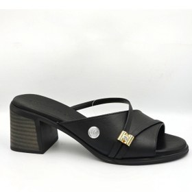 Resim Mammamia D26YT-6065 Siyah Hakiki Deri Kalın Topuklu (6cm) Kadın Trendy Terlik 