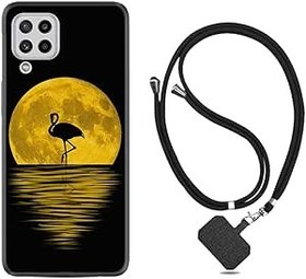 Resim kilifland Samsung Galaxy A22 ile Uyumlu Kılıf Silikon Desen Boyun Askılı Ay Ve Flamingo 1775 