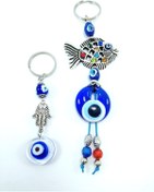 Resim Ennea Art Nazar Boncuğu Sade Anahtarlık + Balıklı Anahtarlık/araba Dikiz Ayna Süsü Cam El Yapımı Hediyelik Set 