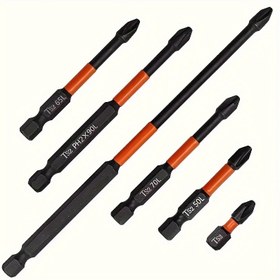 Resim 6'lı Endüstriyel PH2 Manyetik Tornavida Ucu Seti, S2 Alaşımlı Çelik, Kaymaz Tutuş, 1/4" Altıgen Sap, Güçlü Manyetizma, Uzunluklar 25-150mm 