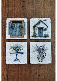 Resim Doğal Taş Bardak Altlığı - Sevimli Kediler Ve Pencere Temalı Stone Coasters Çok Renkli 