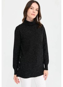 Resim Desen Triko Kadın Tam Balıkçı Yaka Dikişsiz Kazak 23391 Siyah Siyah 