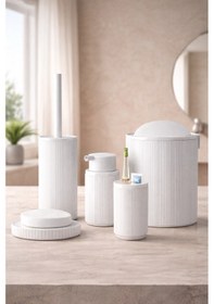Resim 5 Li Lüx Banyo Aksesuar Seti Kapaklı Çöp Kovası, Sabunluk, Diş Fırçalık, Dekoratif Yuvarlak Beyaz 