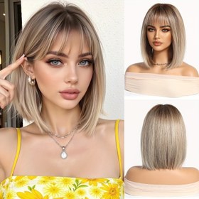 Resim 12 İnç Bob Kesim, Altın Tonlu Vurgular, Düz Saç, Şekillendirilebilen ve Boyanabilen Yüksek Sıcaklığa Dayanıklı Suni Lif Peruk, Gül Ağlı Tam Kapama Şapka, Tatil Stili, Parti, Cosplay, Günlük Giyim. Maskeleme Saç Çözümü, Tatile Özel Peruik, Gül Ağlı Kuaför Bonesu, Altlık Detaylı Şık Şapkalar 