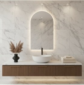 Resim 30x68 Cm Modern 3000k Led Günışıklı Kemer Banyo Aynası Arkadan Aydınlatmalı Arch Ayna, Minimalist Ve Şık Banyo Dekoru Sarı 