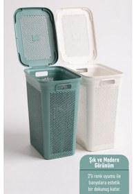 Resim İronika Slim İki Bölmeli Kapaklı Dekoratif Kirli Çamaşır Sepeti 90 Litre Yeşil - Beyaz Yeşil 