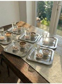 Resim 6&apos Lı Lüks Paslanmaz Çelik Kare Sunum Tepsisi Seti - Gold Ve Gümüş Seçenekli-kahve Yanı İkramlık, Lokumluk, Dekoratif Takı Tabağı Ve Bardak Altlığı Gümüş 15cm 