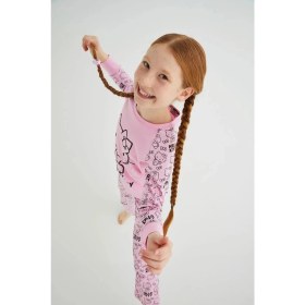 Resim Kız Çocuk Pembe Kız Uzun Kol Pamuklu Pijama Takımı 