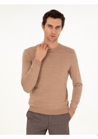 Resim Cacharel Camel Slim Fit Bisiklet Yaka Yün Karışımlı Basic Triko Kazak Kahverengi 