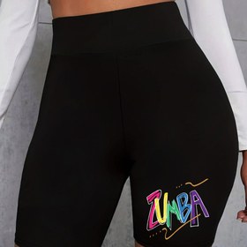 Resim Kadınlar İçin Yüksek Bel Şort - Görünmez Kumaş, Makinede Yıkanabilir Zumba Şortu - Neon ZUMBA Baskılı Siyah Yazlık Alt Giyim, Rahat Kesim, Esnek Malzeme, Zumba Tutkunları İçin 