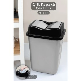 Resim 30 Litre Gri Çift Kapaklı Plastik Çöp Kovası, Ev, Ofis, Banyo ve Mutfak Için Ideal 