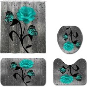 Resim Xhang 4-Piece Yeşil Kelebek Çiçek Desen Set Su Geçirmez Duş Perdesi Banyo Halı Kapak Tuvalet Kapağı Banyo Mat Halı Kapak Banyo Perde |duş Perdesi 