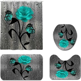 Resim Xhang 4-Piece Yeşil Kelebek Çiçek Desen Set Su Geçirmez Duş Perdesi Banyo Halı Kapak Tuvalet Kapağı Banyo Mat Halı Kapak Banyo Perde |duş Perdesi 