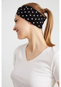 Resim Kadın Çapraz Bağlamalı Pamuklu Penye, Kaymaz, Yumuşak, Esnek, Saç Bandı Bandana - Tek Ebat / Siyah Üzerine Beyaz Puantiyeli Siyah Üzerine Beyaz Puantiyeli 