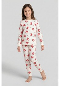 Resim Ekru Renk Kırmızı Fiyonk Baskılı Kız Çocuk Pijama Takımı Ekru 