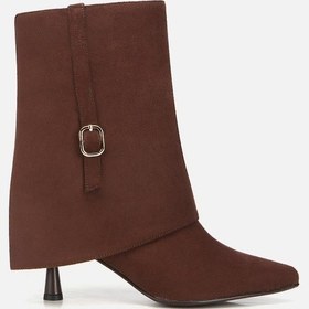 Resim Kadın Süet Kahverengi Pantolon Görünümlü Tokalı Topuklu Bot Kahverengi 